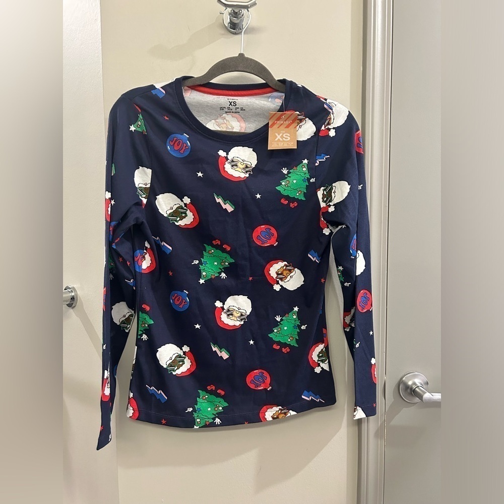 Primark Pajama Top Long Sleeve Womenโs XS Christmas Santa Navy Blue